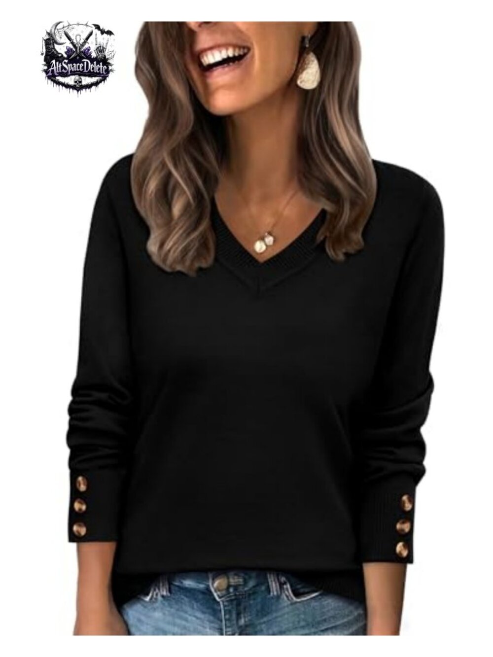Wide V-Neck Knit Pullover Sweater with Button Cuffs Long Sleeve